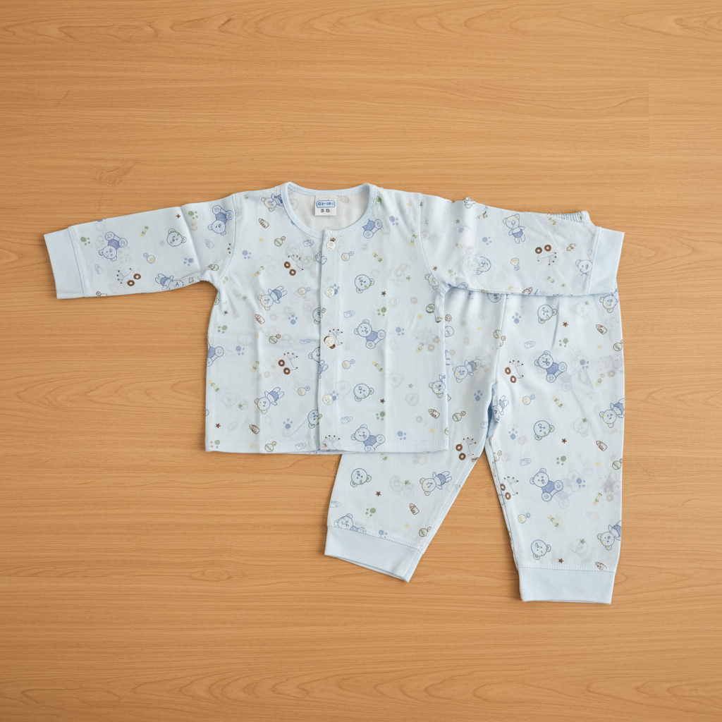 Baby teddy bear print clothing set flat lay on light wooden nursery surface