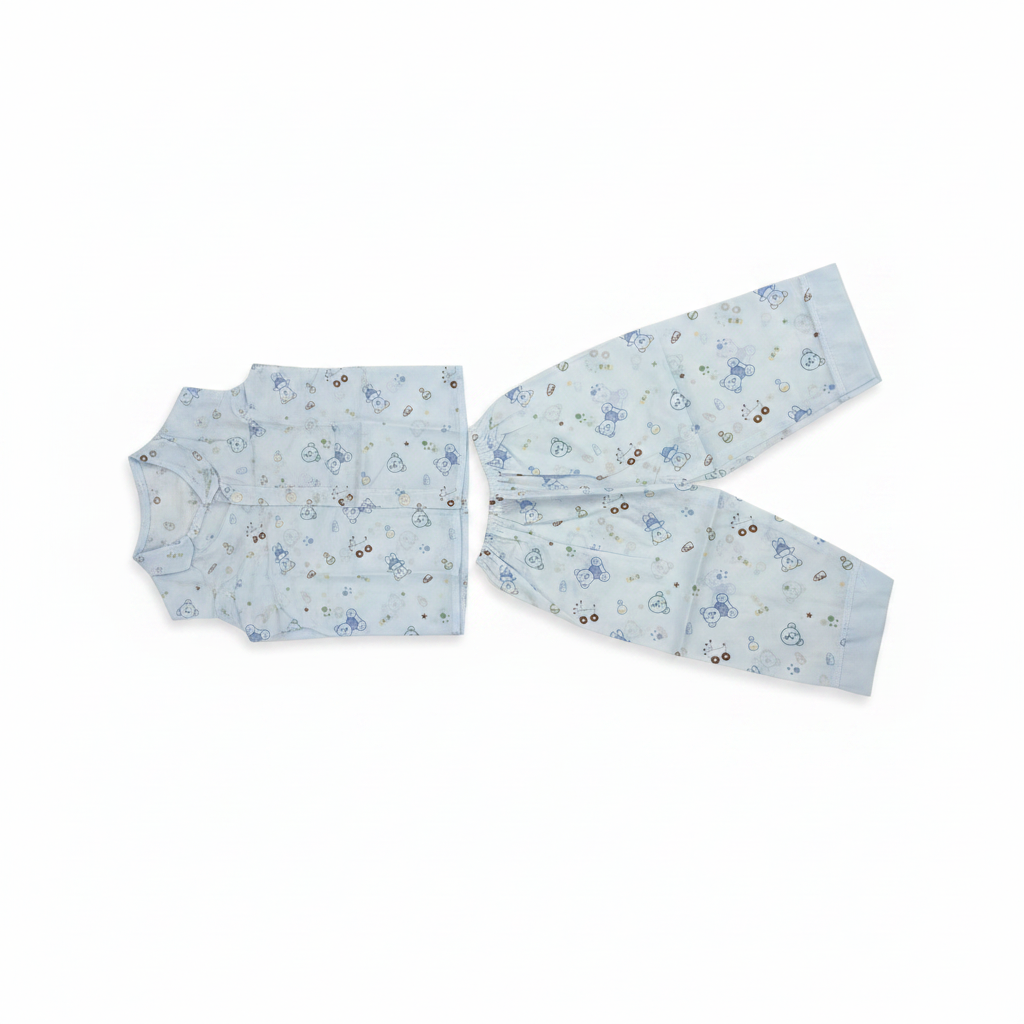 Baby teddy bear print full sleeve shirt and pants set on white background