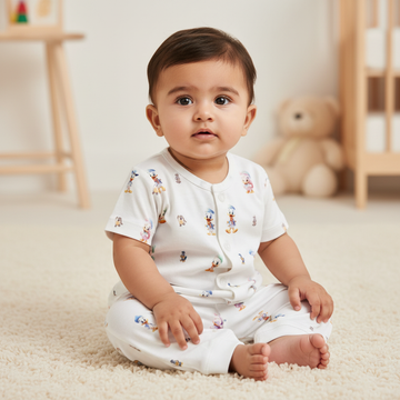South Asian baby wearing white Disney character print shirt and pants set