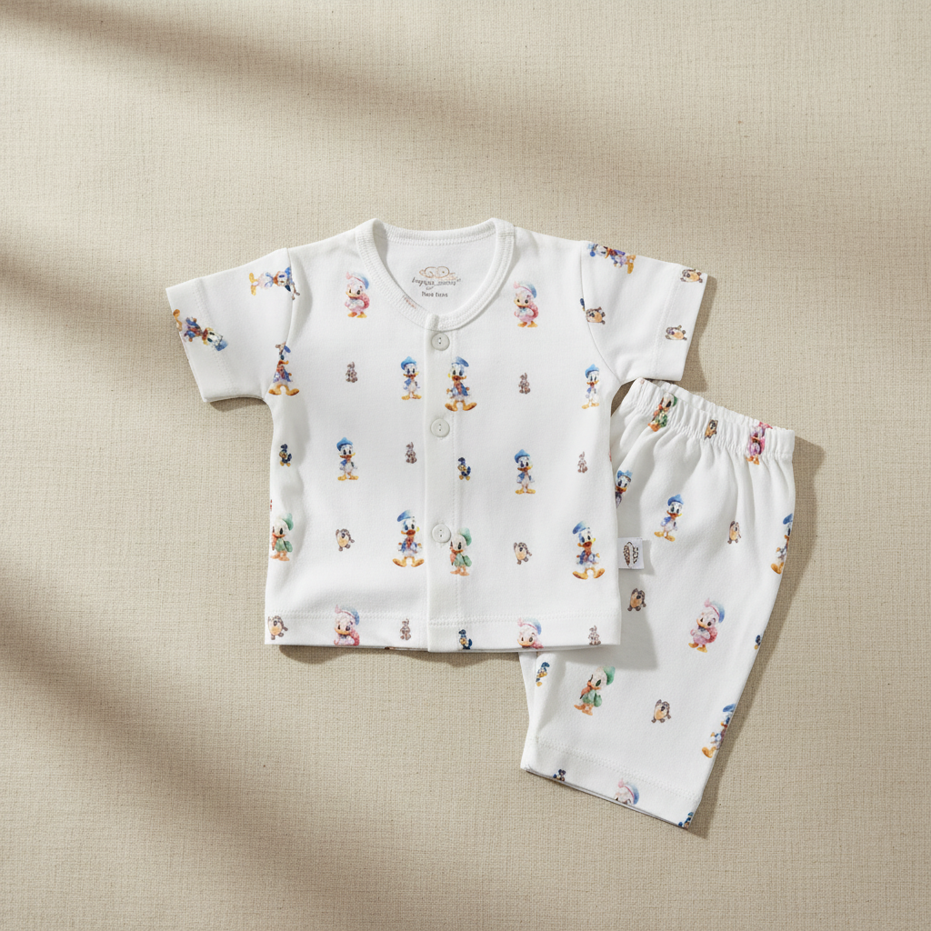 Baby Disney print clothing set flat lay on warm beige nursery surface
