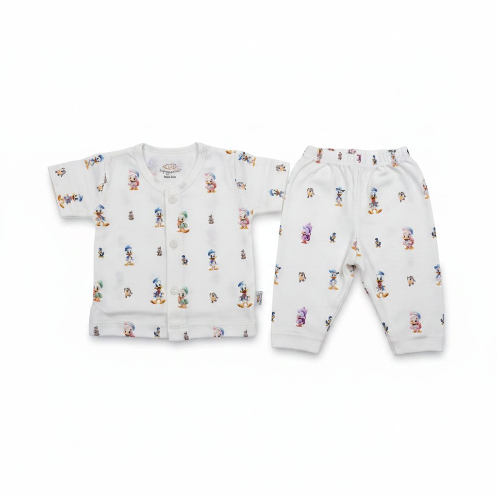Baby Disney character print shirt and pants set on white background