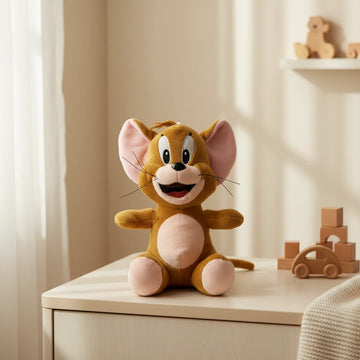 Jerry Mouse plush toy nursery scene sitting on white dresser top in warm cream sunlit room beside wooden block toys and wooden car with sheer white curtains in background showing full golden brown cartoon mouse plush with pink ears wide smile silver whiskers cream belly and pink paw pads in arms-out sitting pose