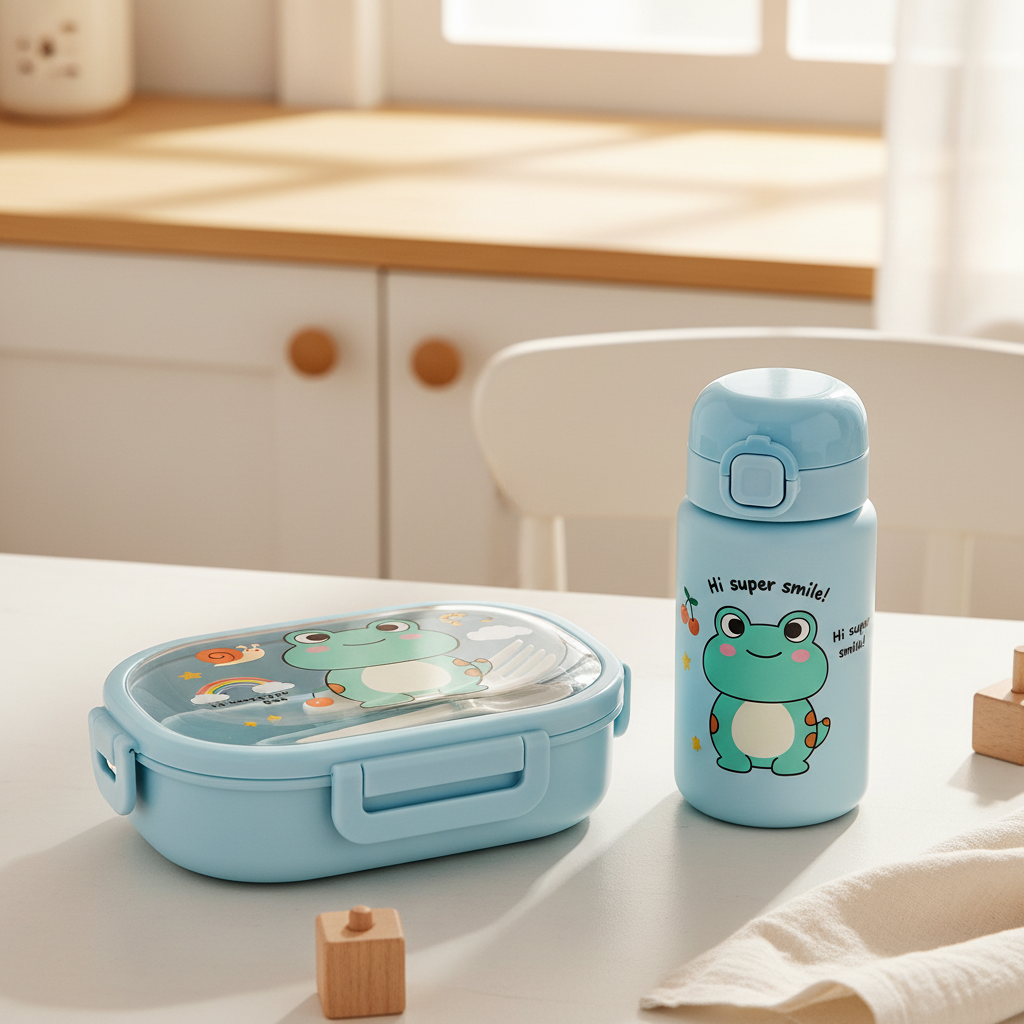 Pink chicken cartoon kids lunch box and water bottle set – kitchen lifestyle scene on white table showing both pieces together