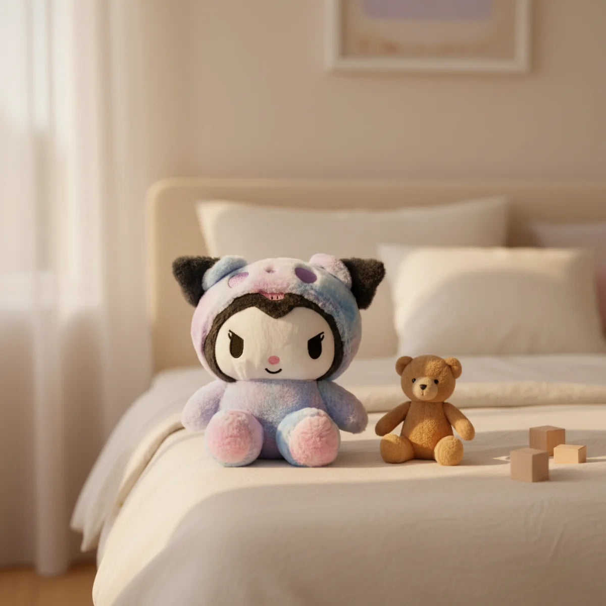 Kuromi galaxy hoodie plush toy nursery scene on cream bed beside small brown teddy bear and wooden blocks in warm cream bedroom with white bedding and soft window light showing full seated Kuromi galaxy tie-dye plush