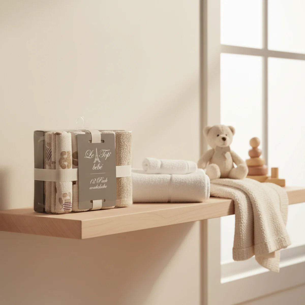 Le Top Bebe baby washcloths 12 pack in clear polybag with slate grey branded hanger card displayed on pale wooden nursery shelf beside folded white terry cloth white teddy bear and wooden stacking toy in warm cream nursery