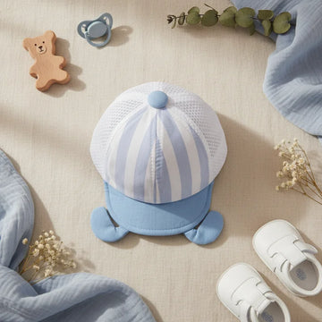 Baby Blue Striped Baseball Cap with Ear Flaps & Mesh Back