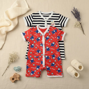 Baby Boy 3-Pack Short Sleeve Button-Front Rompers Blue Stripe Red Panda Football Print
