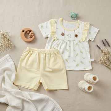 Baby Bunny Leaves Print Ruffle Short Sleeve Top & Shorts Set - 2 Piece