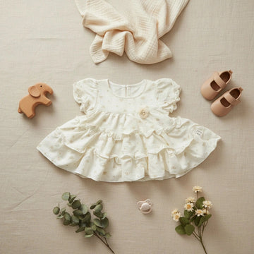 Baby Girl Gold Bow Print Tiered Ruffle Dress with Flower Brooch