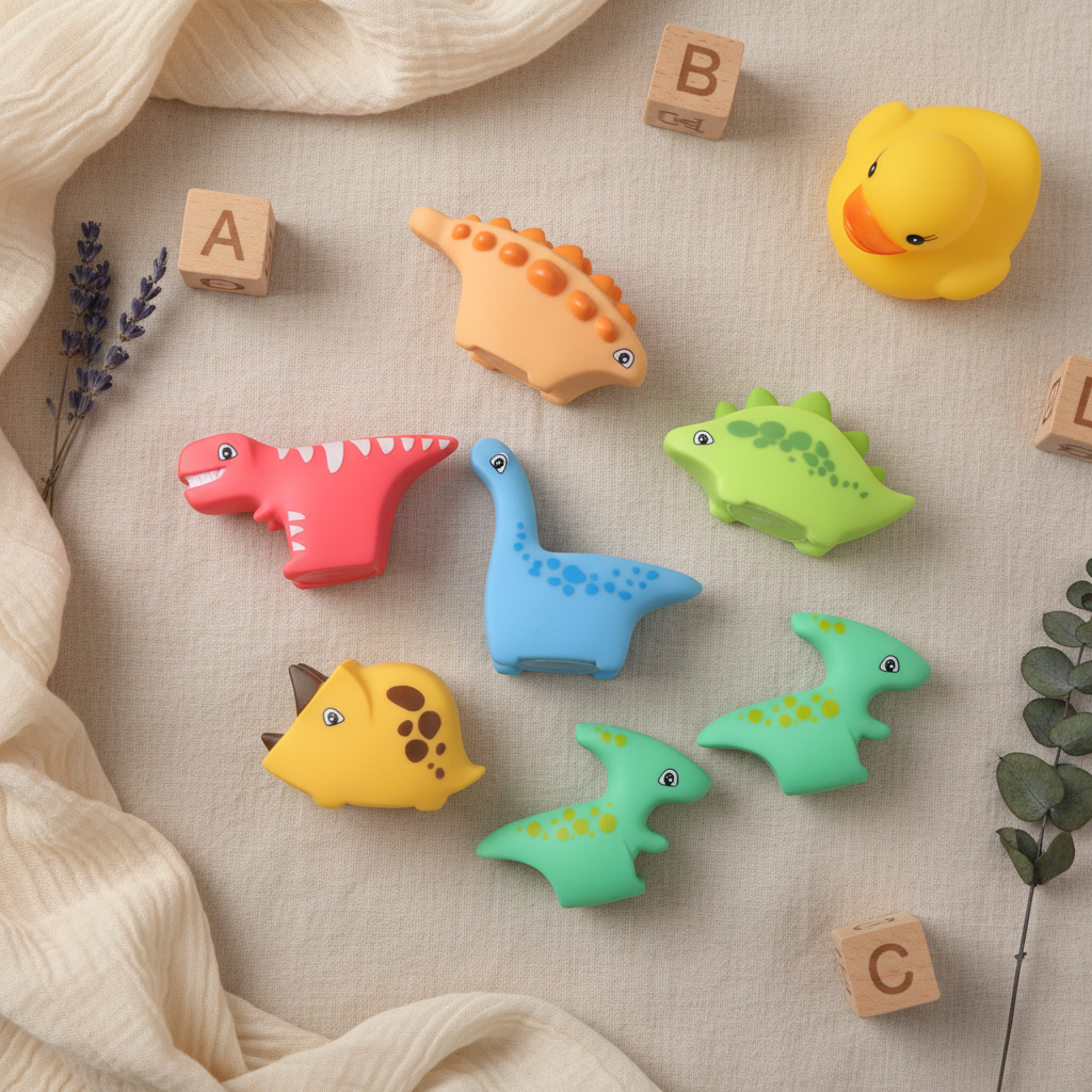 Baby Lov Toy Colourful Dinosaur Bath Toy 6-Pack - lifestyle flat lay on beige linen with wooden ABC blocks yellow rubber duck dried lavender and eucalyptus sprig