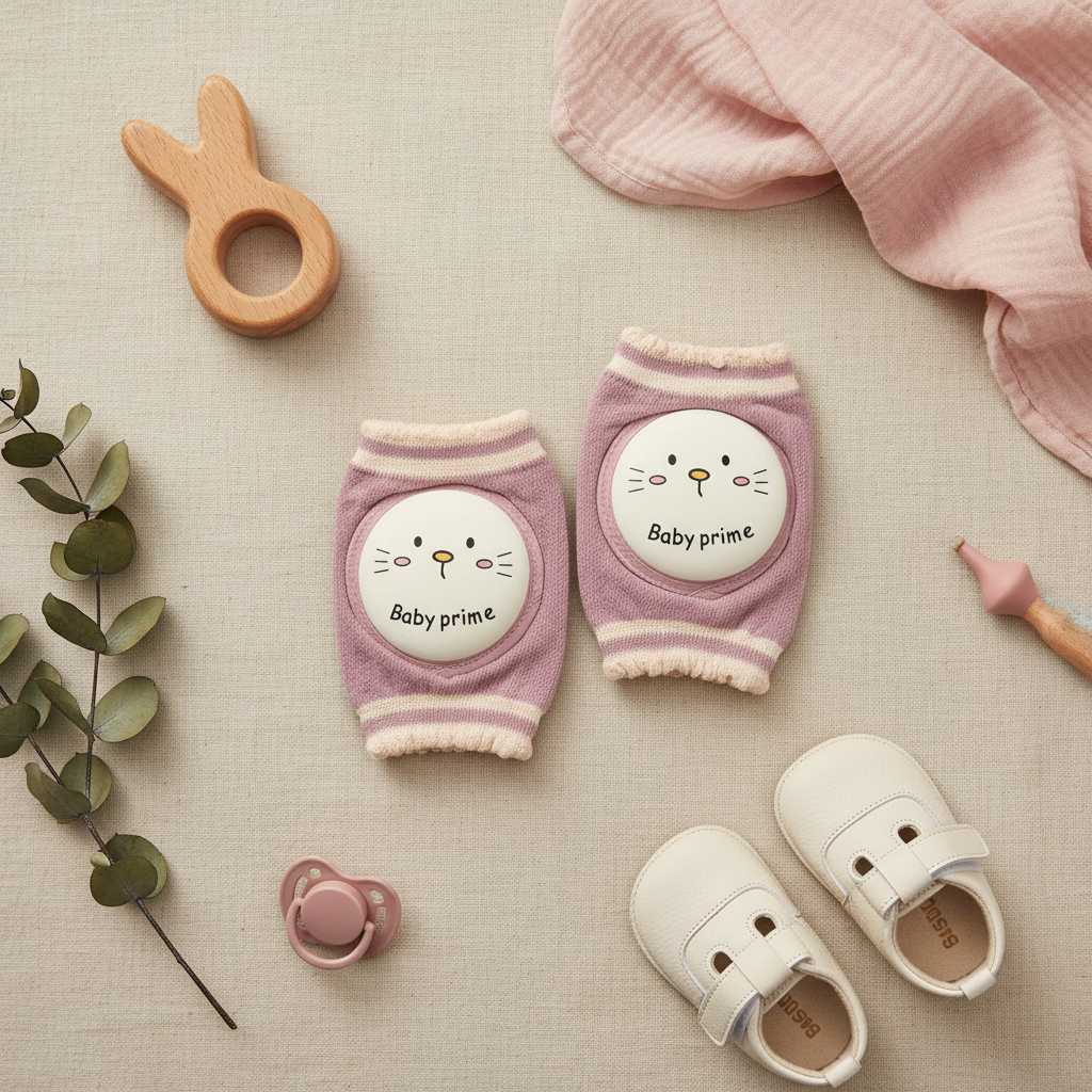 Baby Prime Cat Face Mauve Pink Knee Pads - lifestyle flat lay with baby shoes pacifier wooden bunny teether and eucalyptus leaves on linen