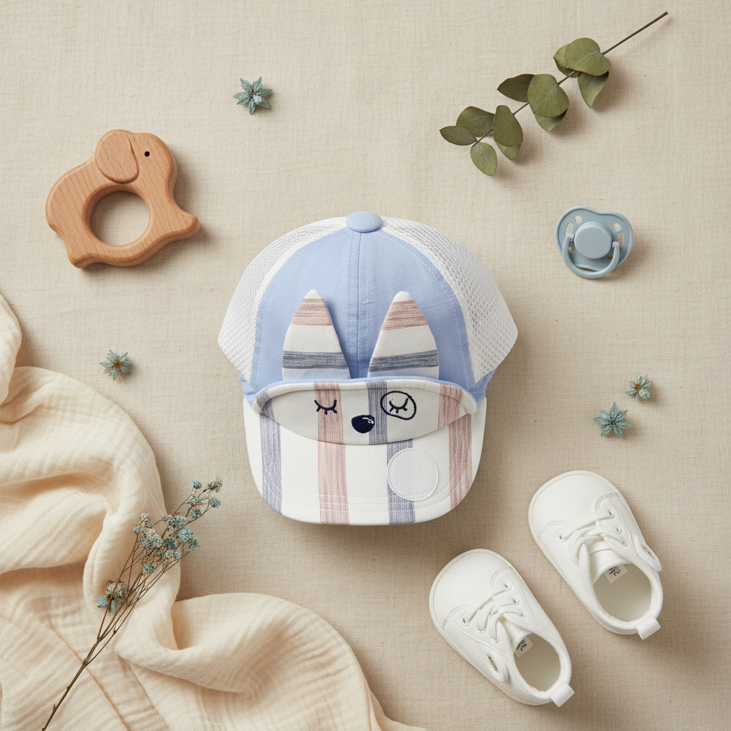 Baby Sleepy Bear Blue Plaid Mesh Cap - lifestyle flat lay top view with wooden elephant teether baby shoes pacifier and eucalyptus on linen