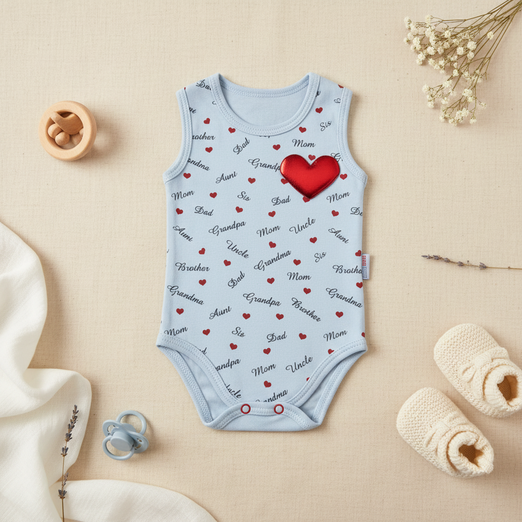 Babytone Family Love All-Over Print Baby Bodysuit Blue - lifestyle flat lay on beige linen with wooden ring teether blue pacifier white muslin cloth cream baby booties and white baby's breath flowers