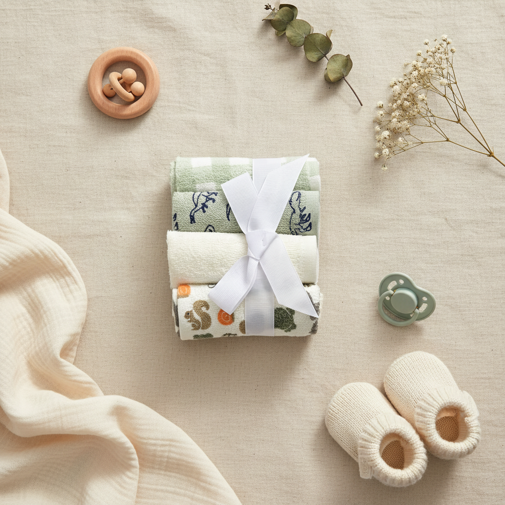 Bebe Favour Woodland Baby Washcloth Set - lifestyle flat lay with baby booties sage green pacifier wooden bunny teether eucalyptus and dried flowers on linen