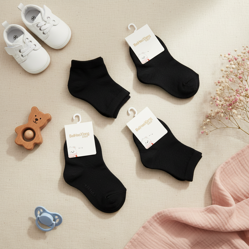 BeiHaoXiong Black Baby Ankle Socks 4 Pack - lifestyle flat lay with baby shoes pacifier and flowers