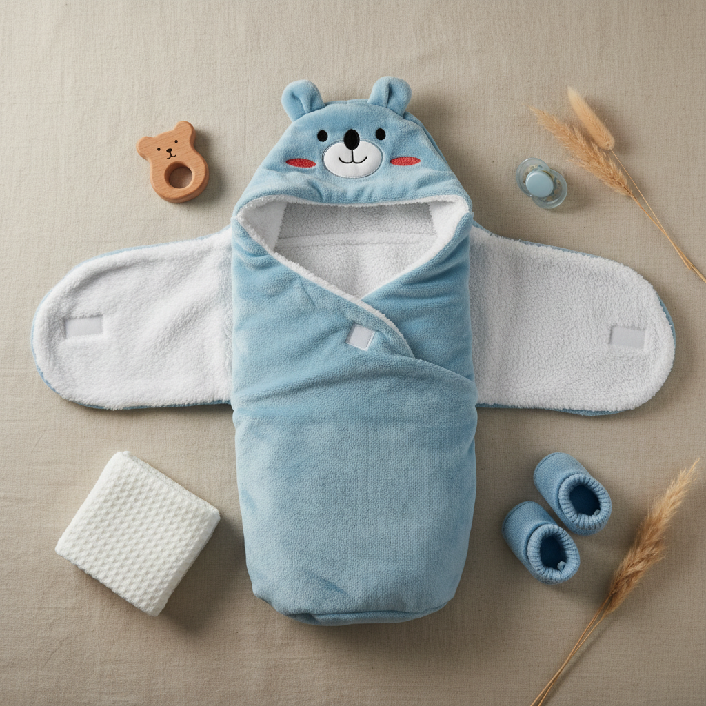 Blue bear hooded swaddle wrap – lifestyle flat lay with blue booties, bear teether, pacifier and pampas grass