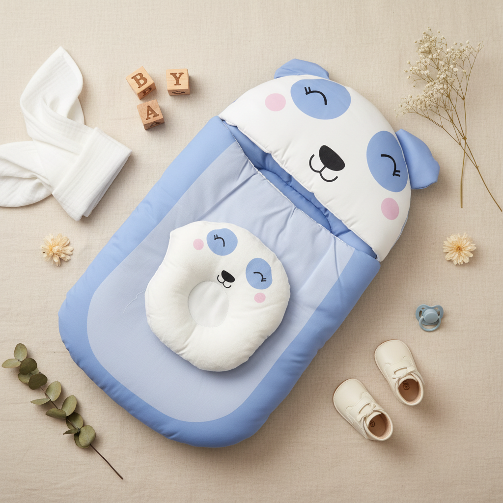 Blue Sleeping Panda Baby Nest Bed with Head Support Pillow lifestyle flat lay on beige linen with wooden BYA alphabet blocks white hooded towel dried flowers blue pacifier and white baby shoes