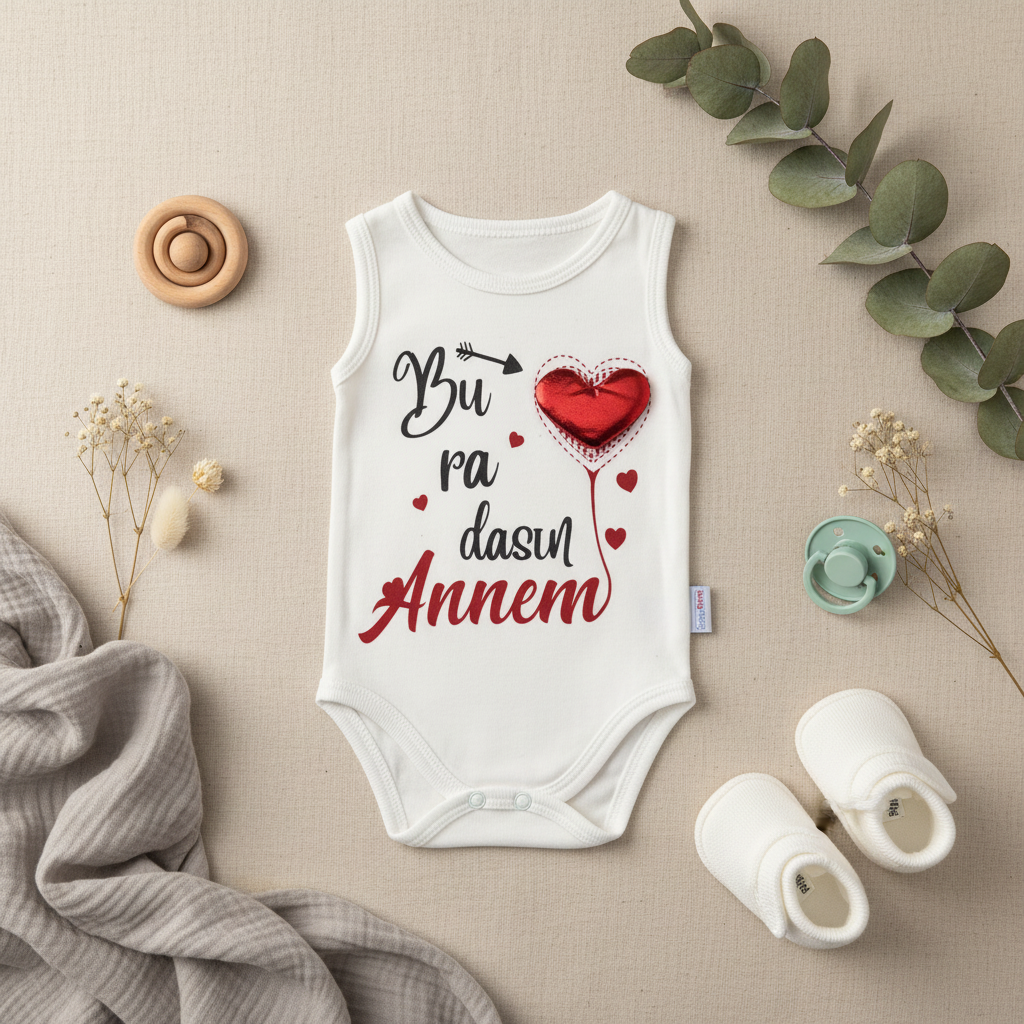 Buradasın Annem Baby Bodysuit - lifestyle flat lay with baby shoes pacifier and flowers