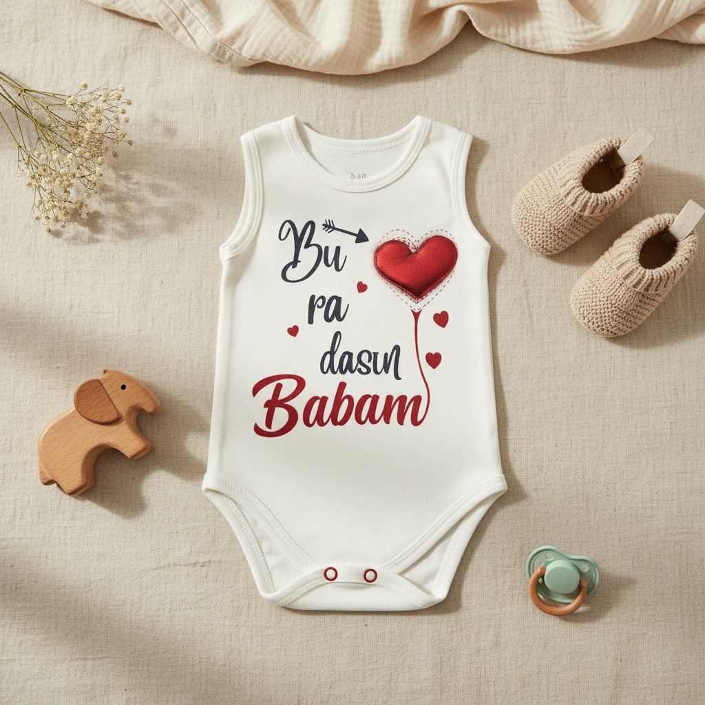 Buradasın Babam White Sleeveless Baby Bodysuit - lifestyle flat lay on cream linen with wooden elephant teether knit baby shoes mint pacifier and white baby's breath flowers