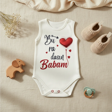 Buradasın Babam White Sleeveless Baby Bodysuit - Dad Gift Slogan Heart Balloon