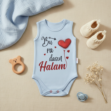 Buradasın Halam Light Blue Sleeveless Baby Bodysuit - lifestyle flat lay on beige linen with wooden bear ring teether cream knit baby shoes blue pacifier and white baby's breath flowers