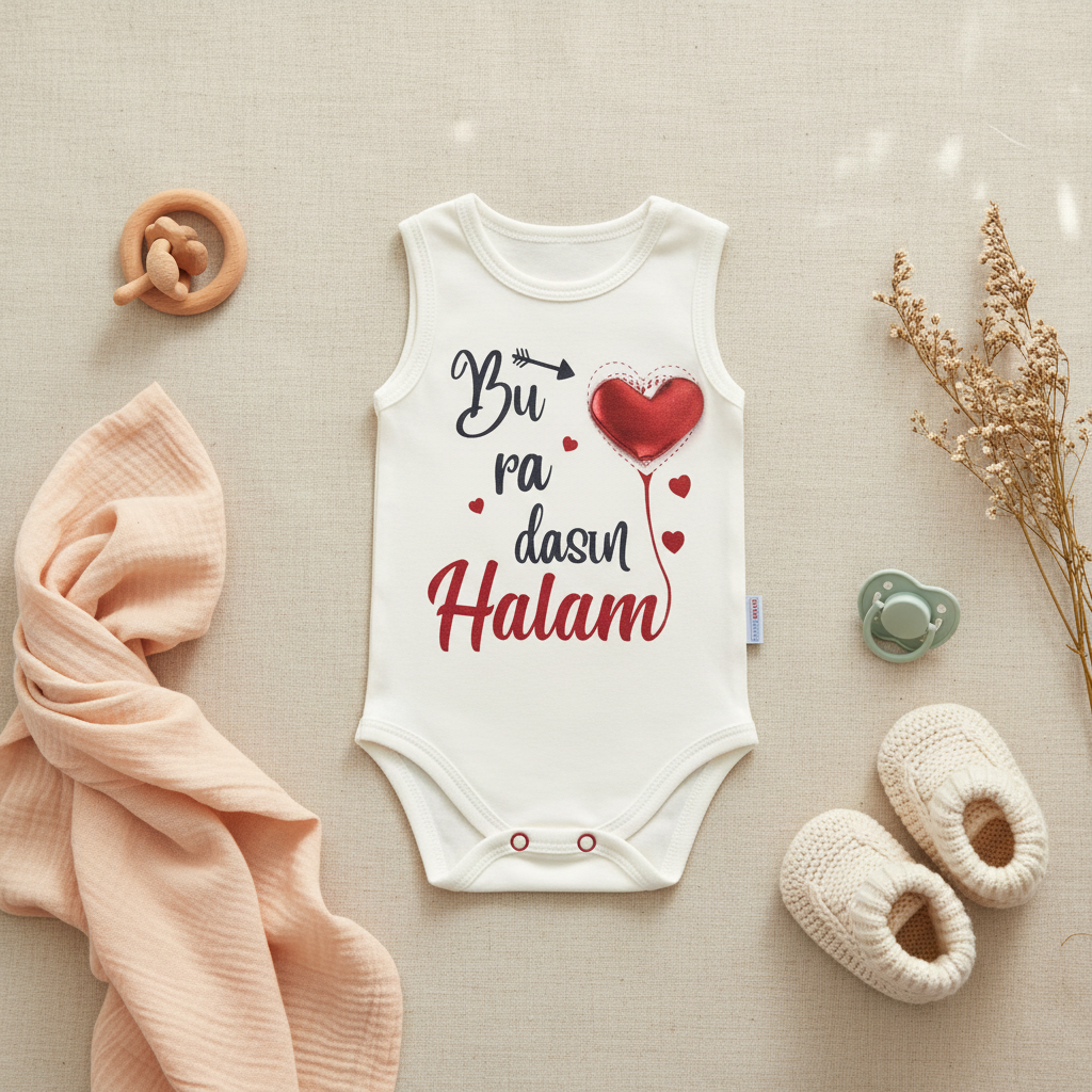 Buradasın Halam White Sleeveless Baby Bodysuit - lifestyle flat lay on beige linen with wooden ring teether cream knit baby shoes mint pacifier and dried pampas grass with pink muslin cloth