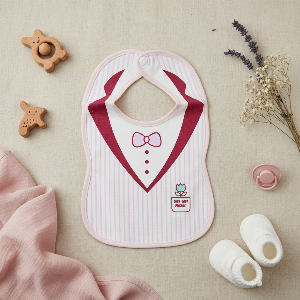 Care Baby Friends Tuxedo Baby Bib - lifestyle flat lay with baby shoes wooden teether pacifier and dried flowers on linen