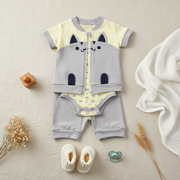 Carter's Gray Cat Face Zip Jacket Yellow Cat Print Bodysuit Gray Shorts 3-Piece Baby Set - lifestyle flat lay on cream linen showing all 3 pieces with white baby booties teal pacifier dried flowers and white muslin cloth