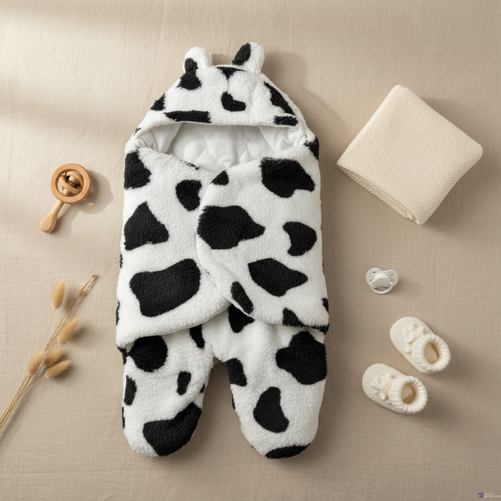 Cow print baby sleeping bag – lifestyle flat lay with baby accessories and booties