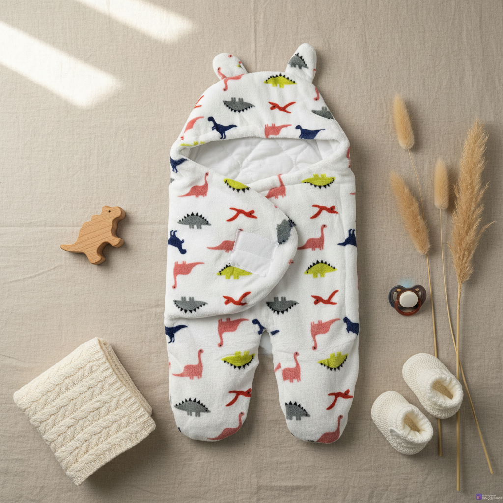 Dinosaur print baby sleeping bag – lifestyle flat lay with baby booties and accessories