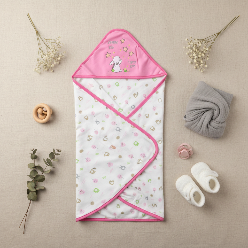 Dream Big Little One Pink Woodland Baby Blanket - lifestyle flat lay folded as swaddle wrap on beige background with wooden ring teether pink pacifier grey muslin cloth eucalyptus and white baby shoes