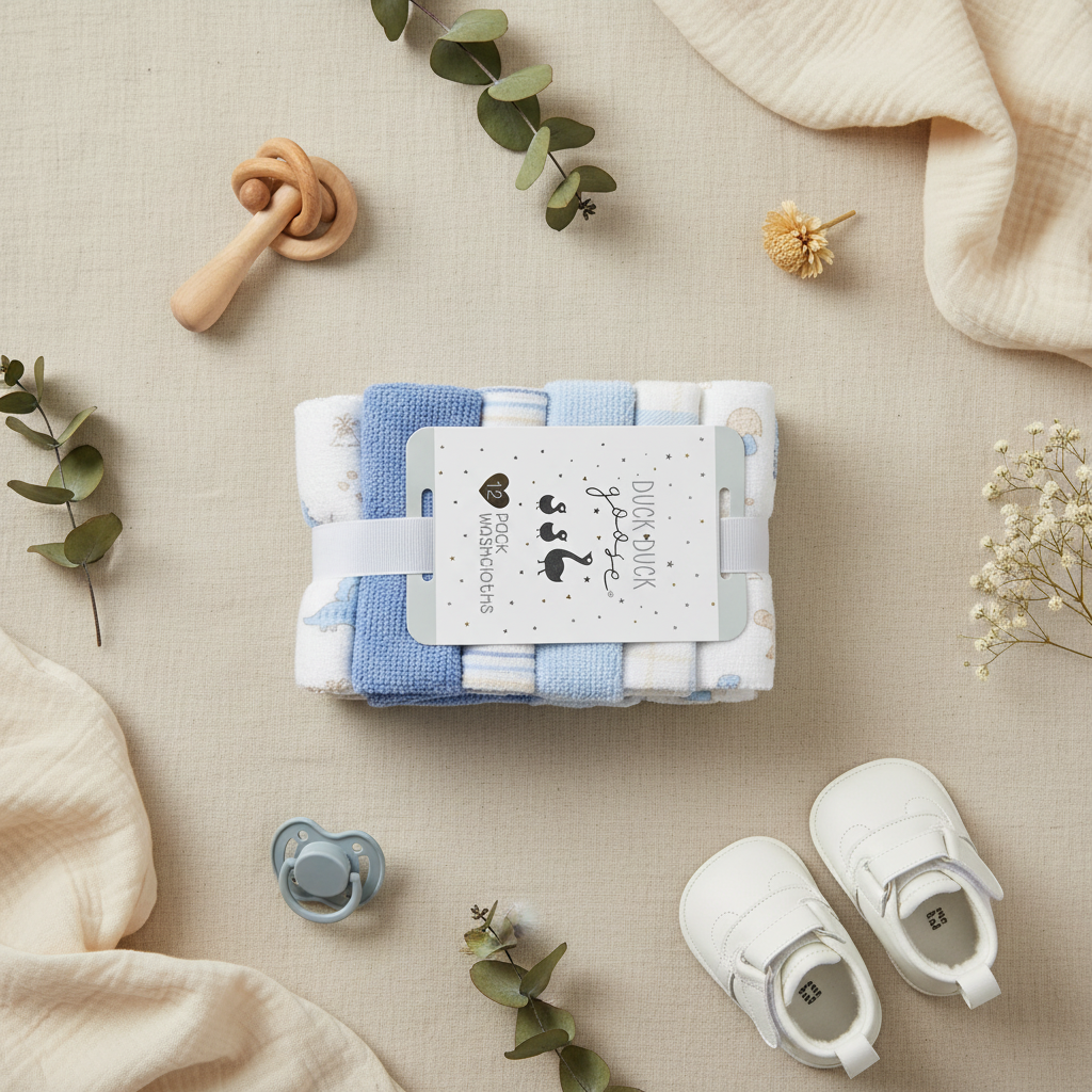 Duck Duck Goose Baby Boy Washcloth Set 12 Pack - lifestyle flat lay with white baby shoes wooden rattle pacifier eucalyptus and dried flowers on linen
