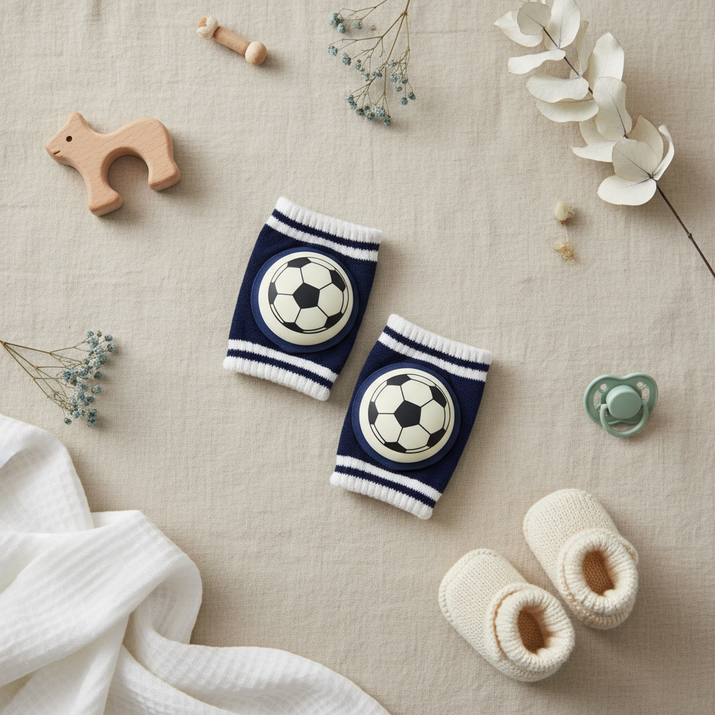 Football Soccer Baby Boy Knee Pads - lifestyle flat lay with baby booties wooden toy pacifier and dried flowers on linen