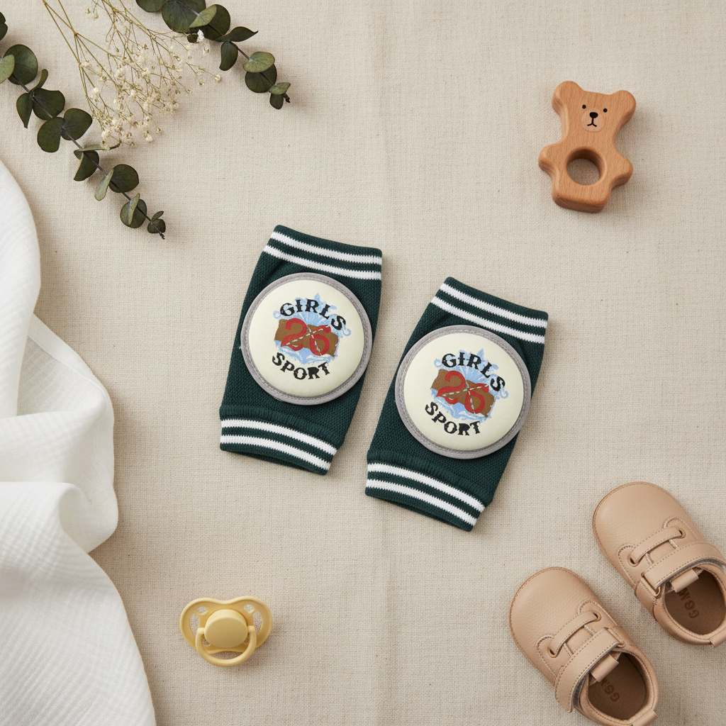 Girls Sport Baby Knee Pads - lifestyle flat lay with baby shoes pacifier and wooden teether on linen