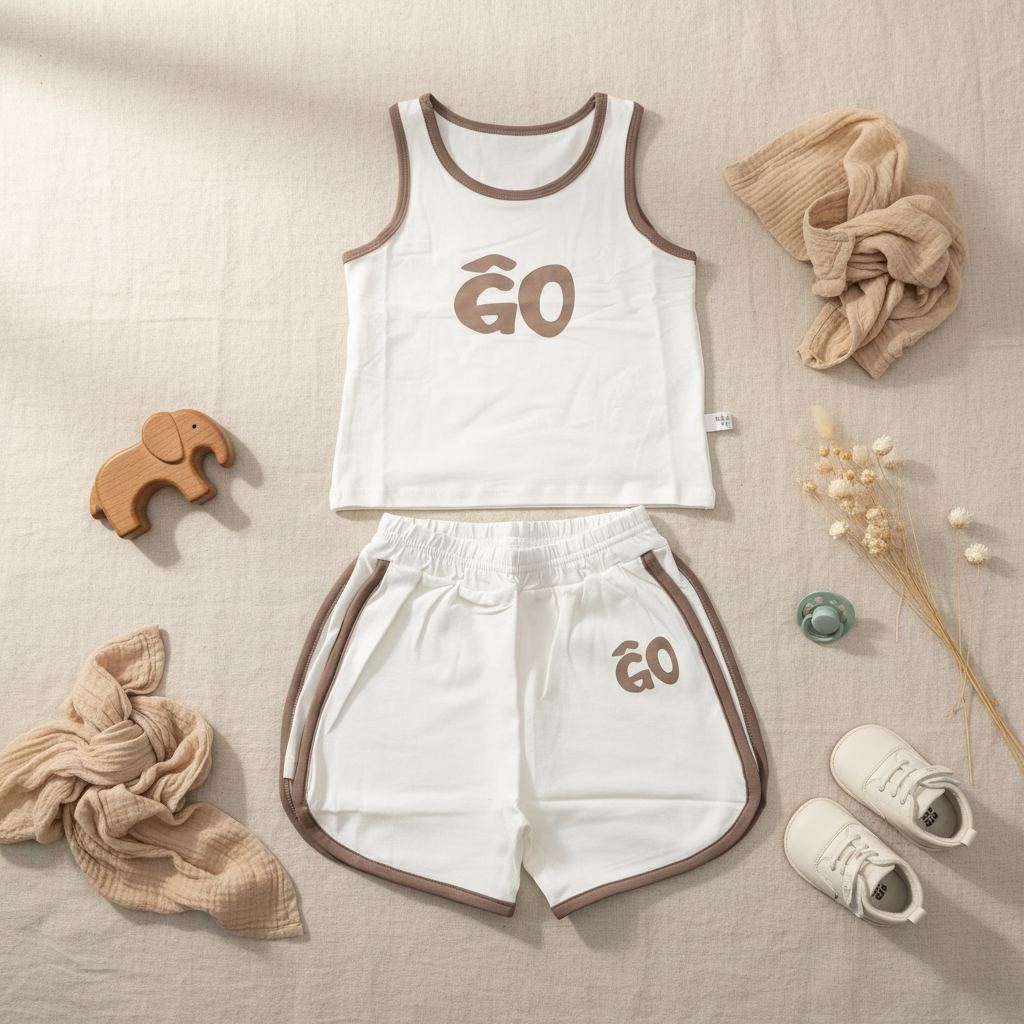 GO Kids Sporty Baby Tank Top Shorts Set - lifestyle flat lay on cream linen with wooden elephant toy white baby shoes teal pacifier and dried flowers