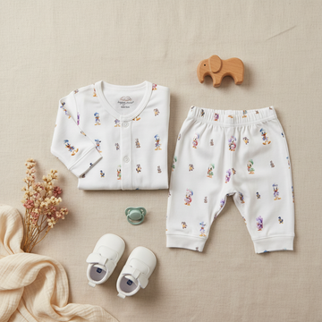 Happy Cosy Disney Characters All-Over Print Baby Pyjama Set Short & Long Sleeve White
