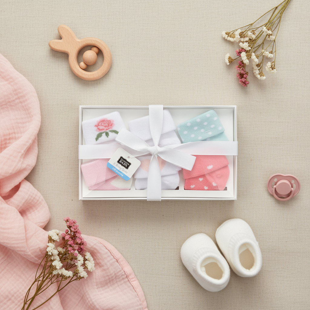 Hudson Baby Girl Socks Gift Box Set 4 Pair - lifestyle flat lay with baby booties pacifier wooden bunny teether and dried flowers on linen