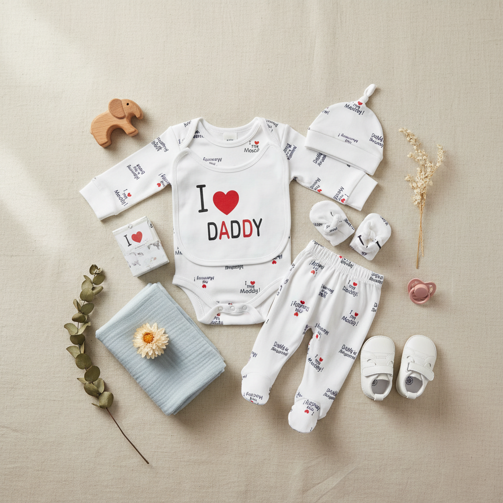 I Love Daddy Baby Gift Set - lifestyle flat lay all 7 pieces