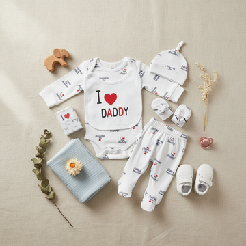 I Love Daddy Baby Gift Set - lifestyle flat lay all 7 pieces