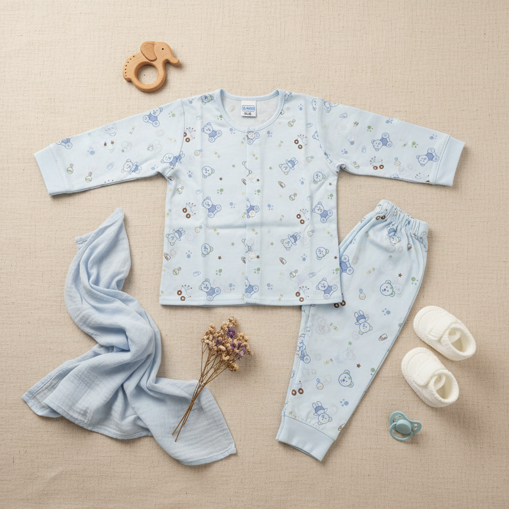 Mamo Blue Bear Bunny Print Baby Pyjama Set - lifestyle flat lay on beige linen with wooden elephant teether white baby booties teal pacifier dried lavender flowers and light blue muslin cloth