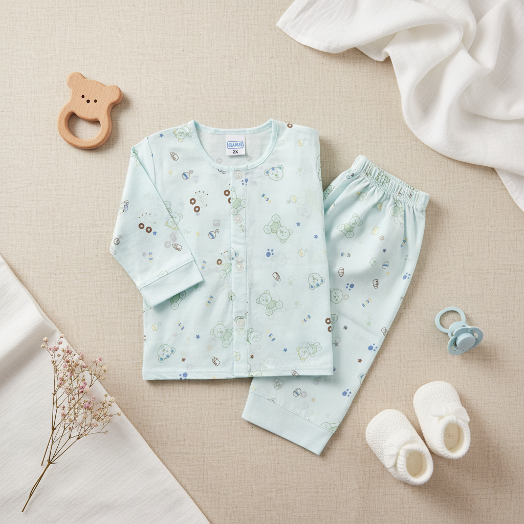 Mamo Light Blue Bear Print Baby Pyjama Set - lifestyle flat lay on beige linen with wooden bear ring teether white baby booties teal pacifier dried pink baby's breath flowers and white muslin cloth