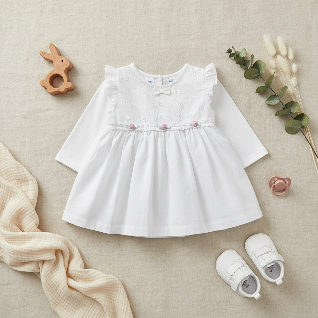 Mo Mo Kids White Eyelet Lace Baby Girl Dress Bloomer Set - lifestyle flat lay on cream linen with wooden bunny teether white baby shoes pink pacifier and eucalyptus stems