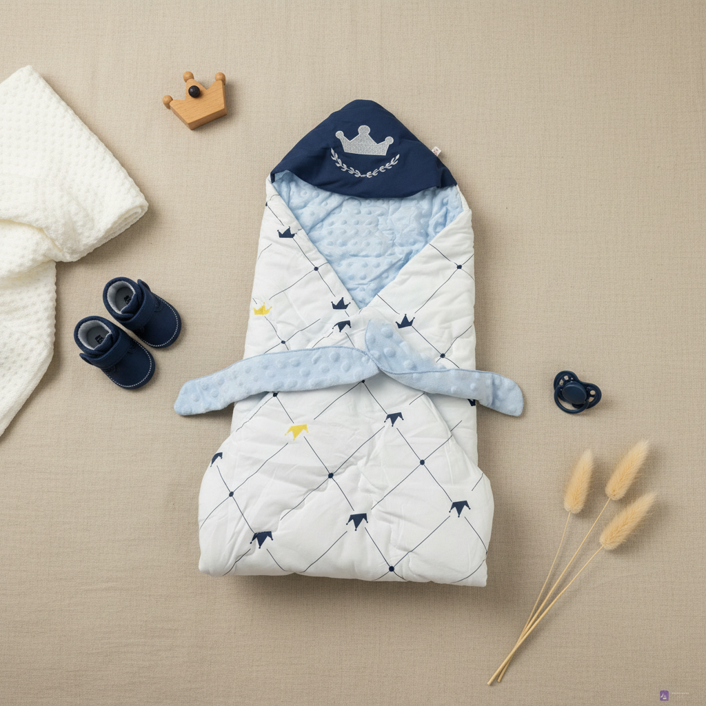 Navy crown minky baby sleeping bag – lifestyle flat lay with navy booties, pacifier and wooden crown toy