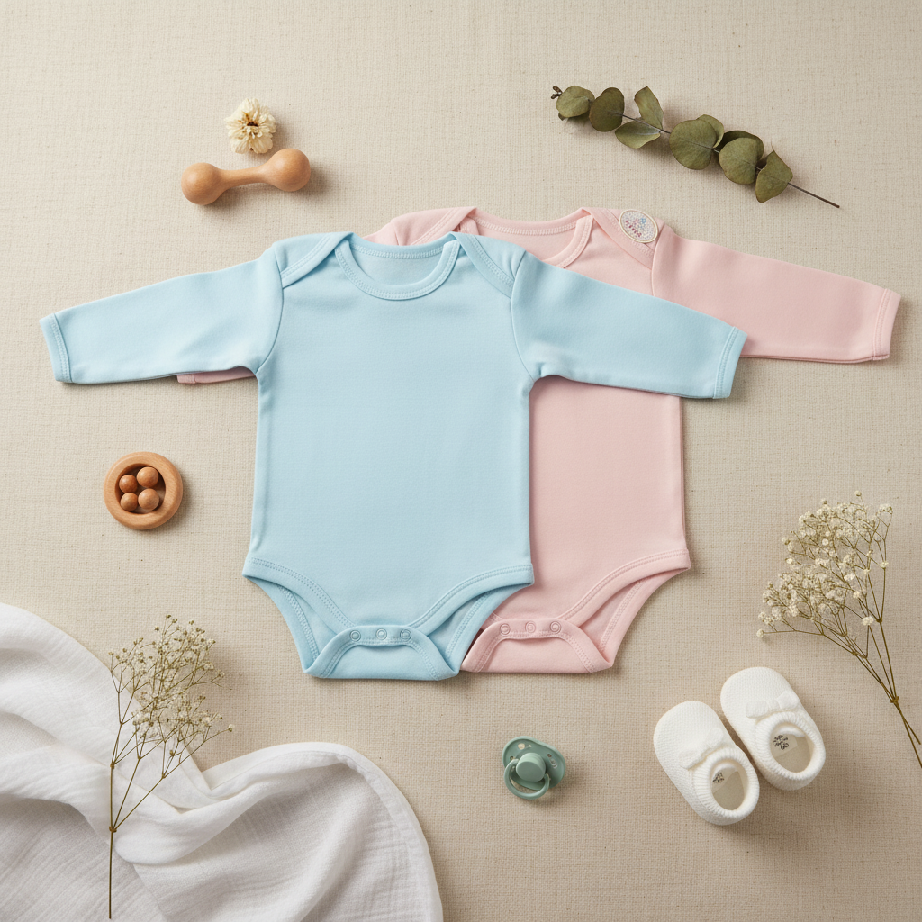 Pansy Born Baby 3-Pack Long Sleeve Bodysuits - lifestyle flat lay on beige linen showing blue and pink bodysuits with wooden dumbbell teether wooden bead ring white baby shoes teal pacifier eucalyptus sprig and white baby's breath flowers