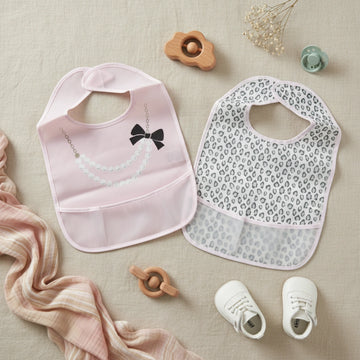 Baby Girl Waterproof Feeding Bibs with Food Catcher Pocket - 2 Pack