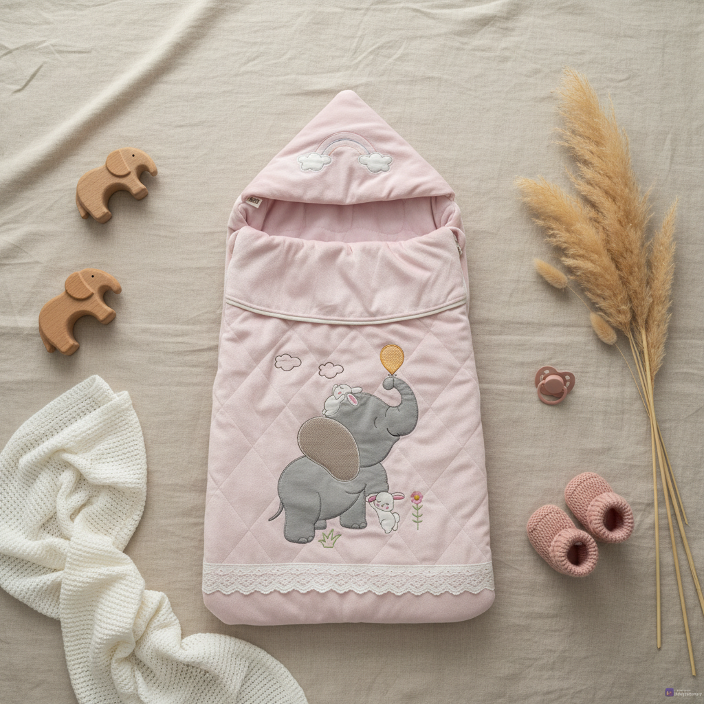 Pink elephant bunny baby sleeping bag – lifestyle flat lay with wooden elephant toys, pink booties and pampas grass