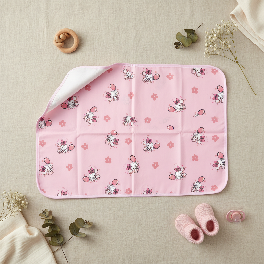 Pink Puppy Balloon Waterproof Baby Changing Mat - lifestyle flat lay on linen with corner folded showing white waterproof backing pink baby booties pacifier wooden ring teether and eucalyptus