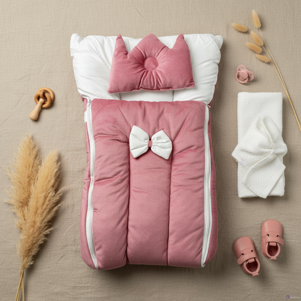 Pink velvet baby nest sleeping bag set – lifestyle flat lay with baby accessories