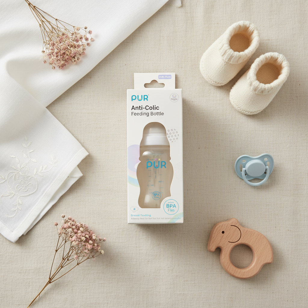 PUR Anti-Colic Baby Feeding Bottle BPA Free - lifestyle flat lay in retail box with baby booties pacifier wooden elephant teether and dried flowers on linen
