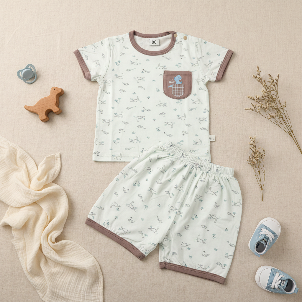 Smiles Dino Print Baby Boy T-Shirt Shorts Set - lifestyle flat lay on beige linen with wooden dinosaur toy blue pacifier white muslin cloth and dried pampas grass
